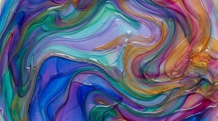 Obraz premium Colorful oil paint swirls together in a vibrant abstract mixture of blue purple and orange hues.