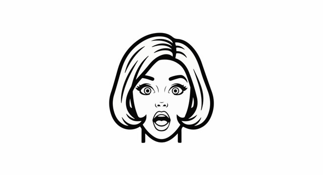 A black and white graphic of a woman's face with wide eyes and an open mouth