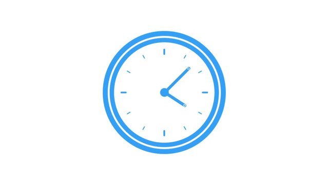 blue flat Clock spinning face icon 24 hours, 12 hours day fast speed animation on black background loop, moving timer analog clock