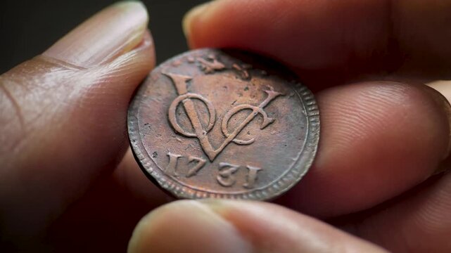 Collectible 1731 VOC 1 duit Gelderland coin with fox privy mark being physically inspected by hand. The footage highlights the VOC monogram, aged copper surface, and worn relief.