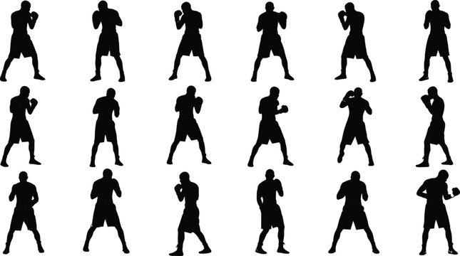 Boxer silhouettes in dynamic fighting stances showing punching guarding striking and training movements for sports illustration design