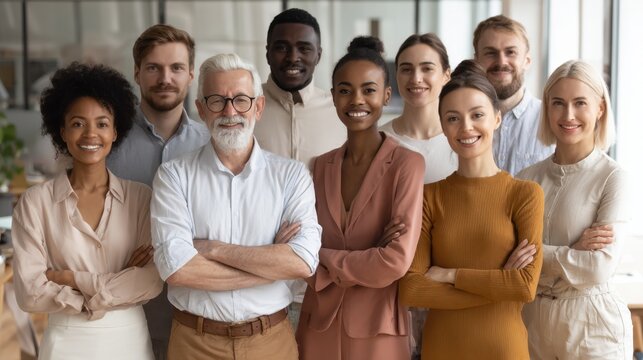 Inclusive Team Portrait: A diverse team of professionals radiates confidence, togetherness, and collaboration, embodying the essence of modern workplace unity. 