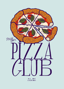 Vintage pizza typography, retro food badge with tasty slice t-shirt design vector illustration.
