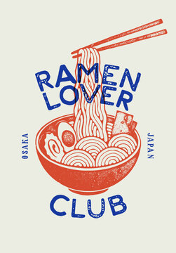 Vintage ramen typography t-shirt design with chopsticks lifting noodles from bowl, retro food badge t-shirt print vector illustration