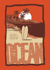 Obraz premium Two surfboards on tropical beach at sunset with palm trees, ocean vintage typography t-shirt print vector illustration