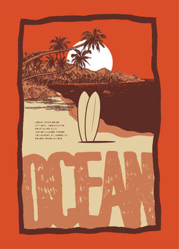 Two surfboards on tropical beach at sunset with palm trees, ocean vintage typography t-shirt print vector illustration