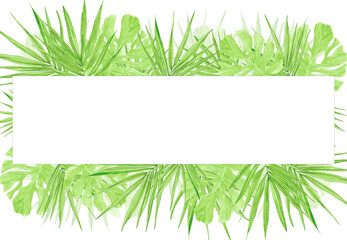 Fototapeta premium Hand drawn watercolor tropical leaves frame border. Illustration isolated on white background. Can be used for invitation, card, travel design and other printed products