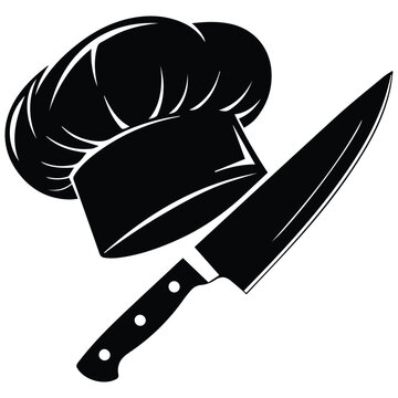 Professional chef hat with kitchen knife silhouette icon for restaurant and cooking logo