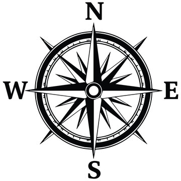Nautical compass rose silhouette icon for travel map navigation and adventure logo
