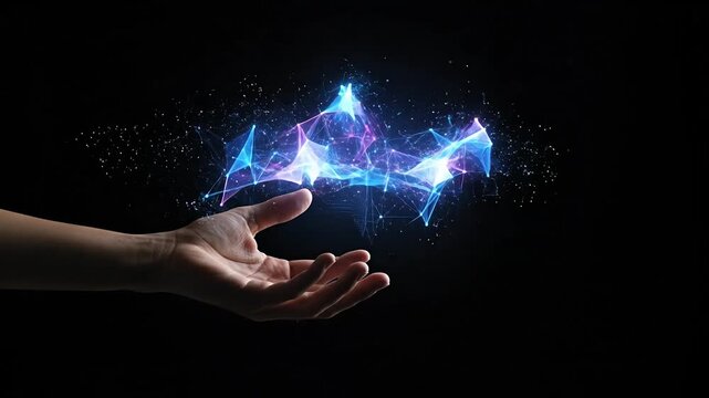 A hand reaching toward vibrant, glowing digital lines in dark space.