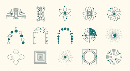 Collection of minimalist celestial and sacred geometry icons featuring planetary orbits moon phases atomic structures and mystical linear symbols vector illustration © Kanon Islam