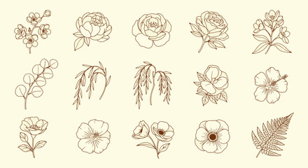 Elegant hand drawn floral line art set featuring delicate botanical blooms garden flowers and greenery leaves for wedding invitation design vector illustration © Kanon Islam