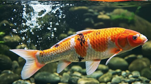 Cinematic Close-up of a Vibrant Orange and White Koi Fish Underwater