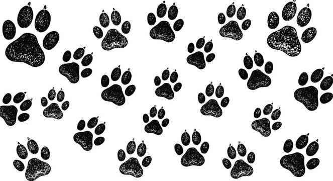 Seamless black dog paw print pattern with distressed textured design scattered across white background ideal for pet themed artwork