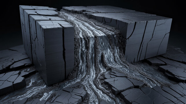 Dark Monolithic Cube with Liquid Silver Waterfall Flowing Over Cracked Stone Terrain