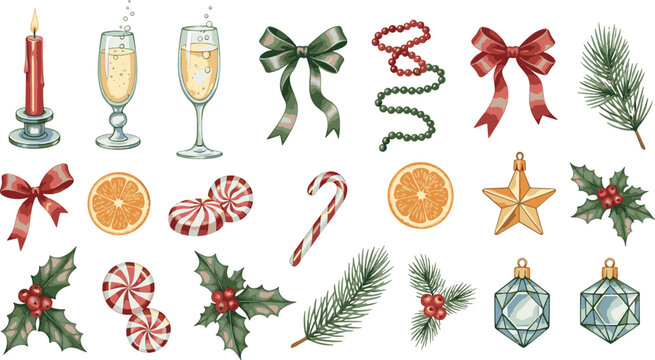 Festive Christmas Holiday Element Set with Champagne Flutes Candles Ribbons Ornaments Pine Branches Holly Berries and Peppermint Candies Vector Illustration