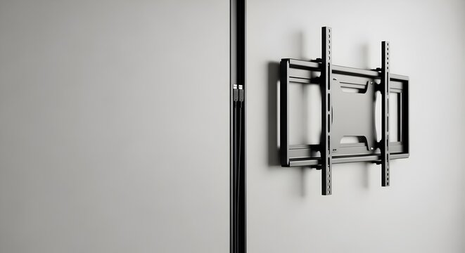 Black metal TV wall mount bracket installed on a clean white wall with hidden cables