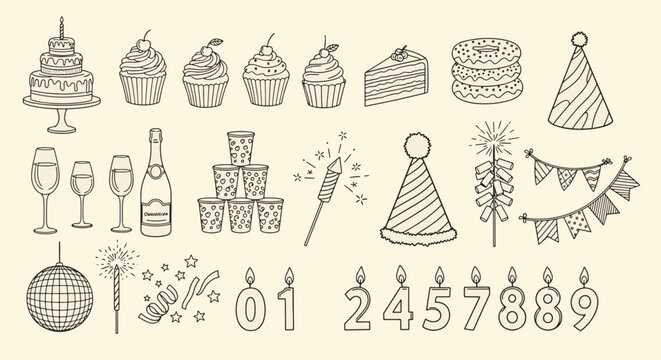 Hand drawn birthday celebration party icons set with cake cupcakes champagne disco ball fireworks and number candles for event invitation vector illustration