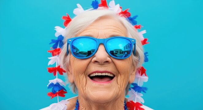 Festive senior woman celebrating usa independence day with patriotic accessories