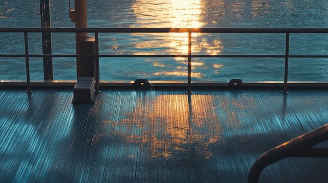 Sun's golden light reflecting on the textured deck and rippling water creates a peaceful serene scene, emphasizing tranquility and the transition of day