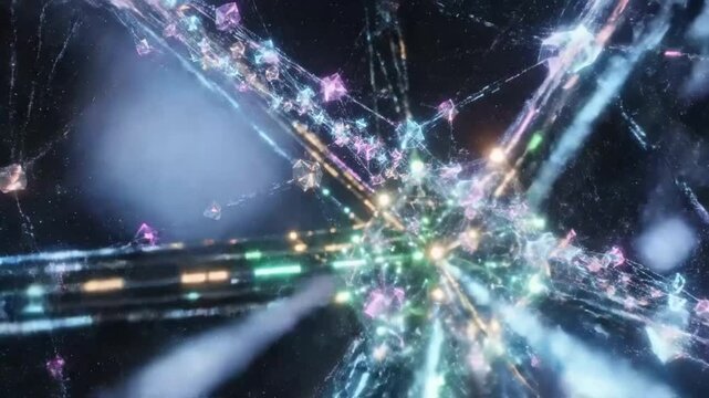 Abstract futuristic digital network with glowing neon polygons and connections floating in space with stars