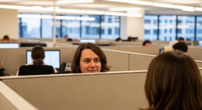 Woman peeking over cubicle wall at office