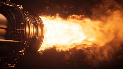 Naklejka premium Rocket engine generating intense flames and exhaust, propelling with significant power, illustrating concepts of energy, speed, and advanced engineering technologies