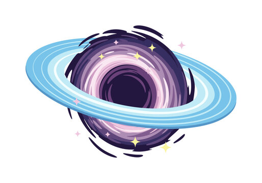 Stylized illustration of a swirling purple black hole with a blue accretion disk and stars