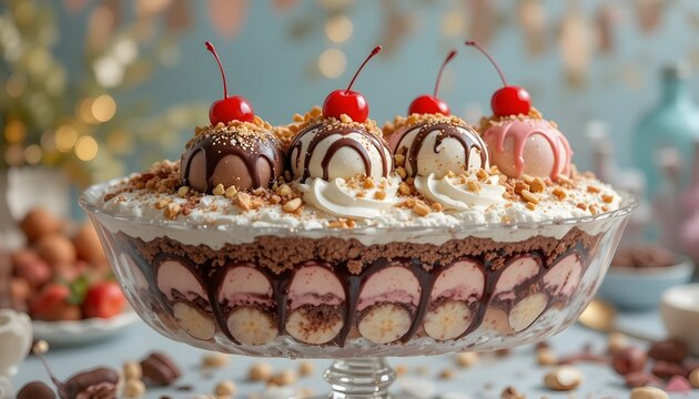 Banana Split Dessert with Ice Cream Scoops and Whipped Cream