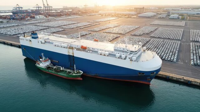 Cargo container shipping logistics port with cargo ship, car carrier, tanker and tugboat near vehicle terminal yard and cranes delay, disruption, bottleneck crisis causing shortage, economy risk
