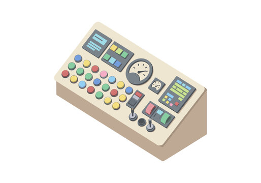 Retro control panel with colorful buttons and gauges for industrial or gaming applications