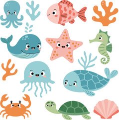 Fototapeta premium Cute sea animals vector set cartoon ocean creatures collection smiling marine life illustration isolated design