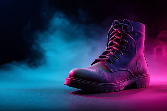Vintage female matte purple combat boot resting on a seamless dark background with vibrant pink and blue rim lighting and dense dramatic mist creeping across the floor with heavy tread detail