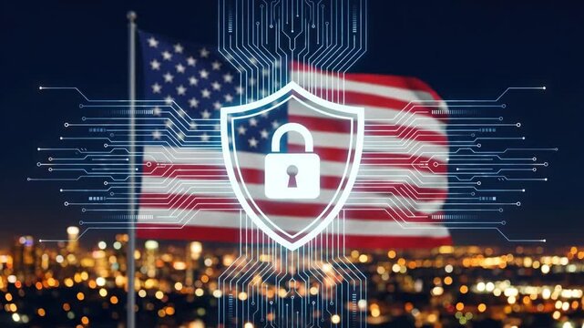 Security technology national defense protection safety privacy intelligence authority trust digital shield lock over United States flag city lights cyber network for government data protection