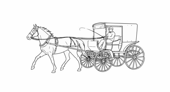 A black and white line drawing depicts a horse pulling a carriage with a driver