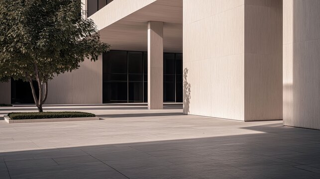 Modern architecture of a corporate building with a minimalist urban plaza features natural light creating strong shadows on the textured facade and paved ground