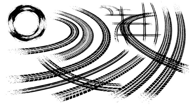 Tire tread marks after skidding, launch, drift, powerslide in motorsport, rally, off-road, motocross. Wheel texture with splash effect. Vector, transparent background SVG version.