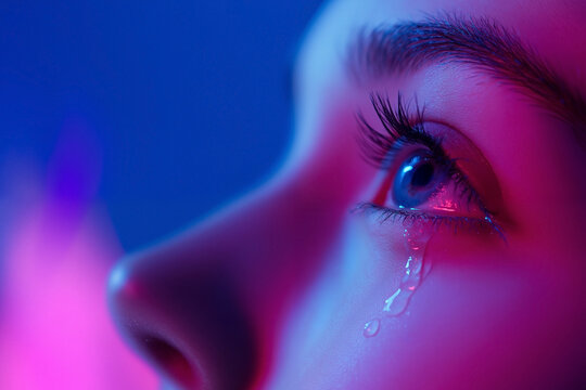 Single eye looking upward in euphoric trance with a crystalline tear on flushed warm cheek and iris reflecting pink purple light against a solid cobalt blue background with fog