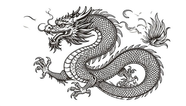 Monochrome illustration of a serpentine dragon with detailed scales, claws, and spiky dorsal fins, depicted with ornate features