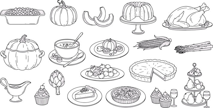 Hand drawn black and white autumn harvest dinner food icons including roasted turkey pumpkin pie and seasonal vegetable vector illustration