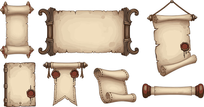 Set of vintage medieval paper scrolls antique parchment banners and old fantasy message boards with wax seals for game design vector illustration