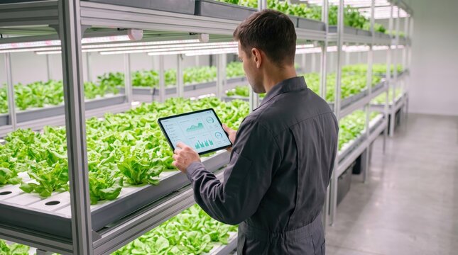Farmer monitoring hydroponic farm with tablet, vertical agriculture technology, indoor greenhouse cultivation, sustainable food production, smart farming innovation and modern