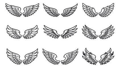 Fototapeta premium Hand drawn line art wings set featuring various stylized feather designs for emblem and tattoo designs