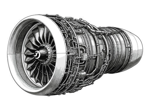 Detailed illustration of a powerful jet engine with intricate piping and fan blades