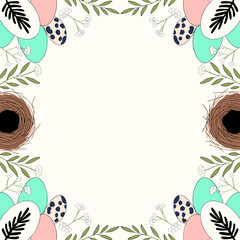 Obraz premium Easter Frame Border with Pastel Eggs and Spring Foliage Vector.