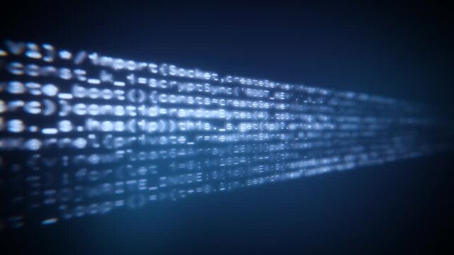 Digital stream of encrypted computer data with program code scrolling in a seamless loop animation