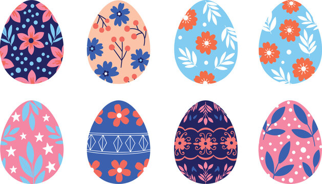 Decorative Easter Egg Vector Set with Floral Patterns and Modern Scandinavian Style Designs in Soft Pastel Colors for Spring Holiday Cards and Packaging.