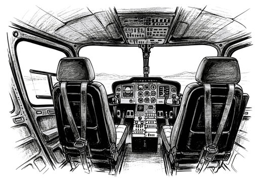 Inside view of a helicopter cockpit with dual seats and instrument panel
