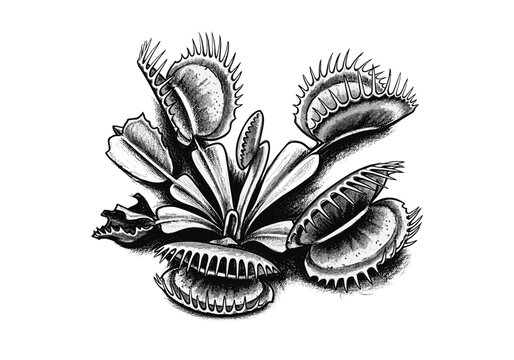 Detailed black and white illustration of a Venus flytrap plant with open traps