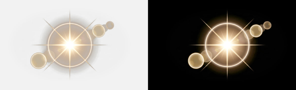 Golden lens flare starburst isolated on transparent background, warm gold glow with diagonal bokeh orbs chain, cinematic sun light luxury effect overlay PNG